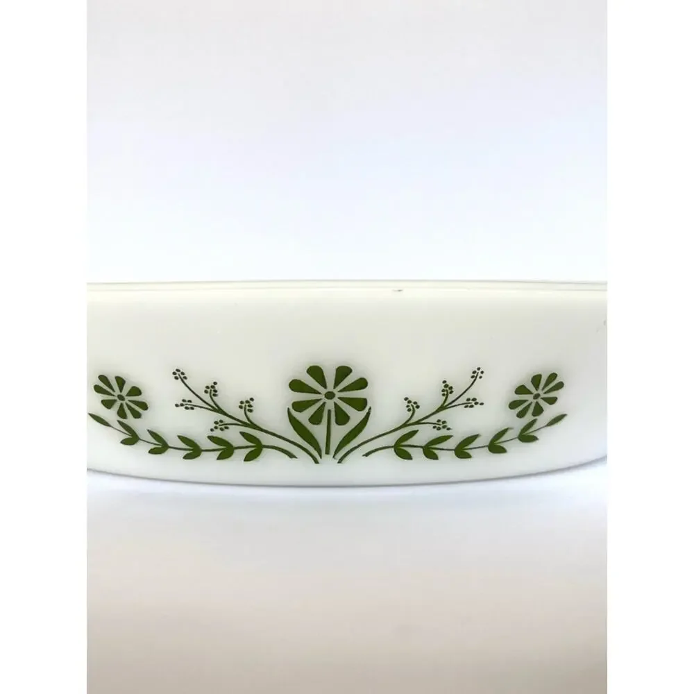 Vintage Glasbake Crazy Daisy Divided Baking Dish Green Milk Glass Casserole